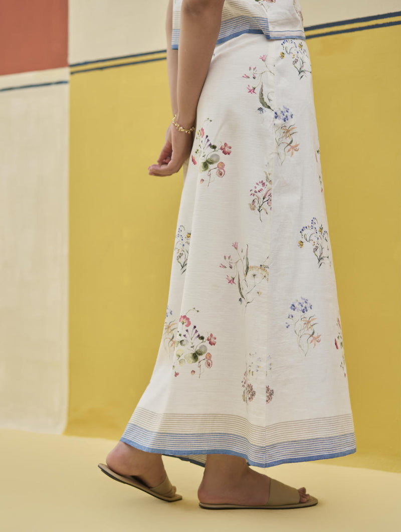 Leena Watercolour Floral Skirt - Ivory linen by Manan in ivory color for women in Singapore