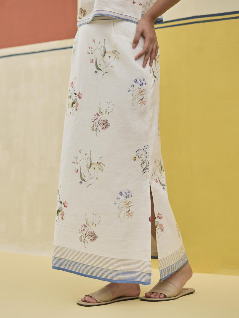 Leena Watercolour Floral Skirt - Ivory linen by Manan in ivory color for women in Singapore