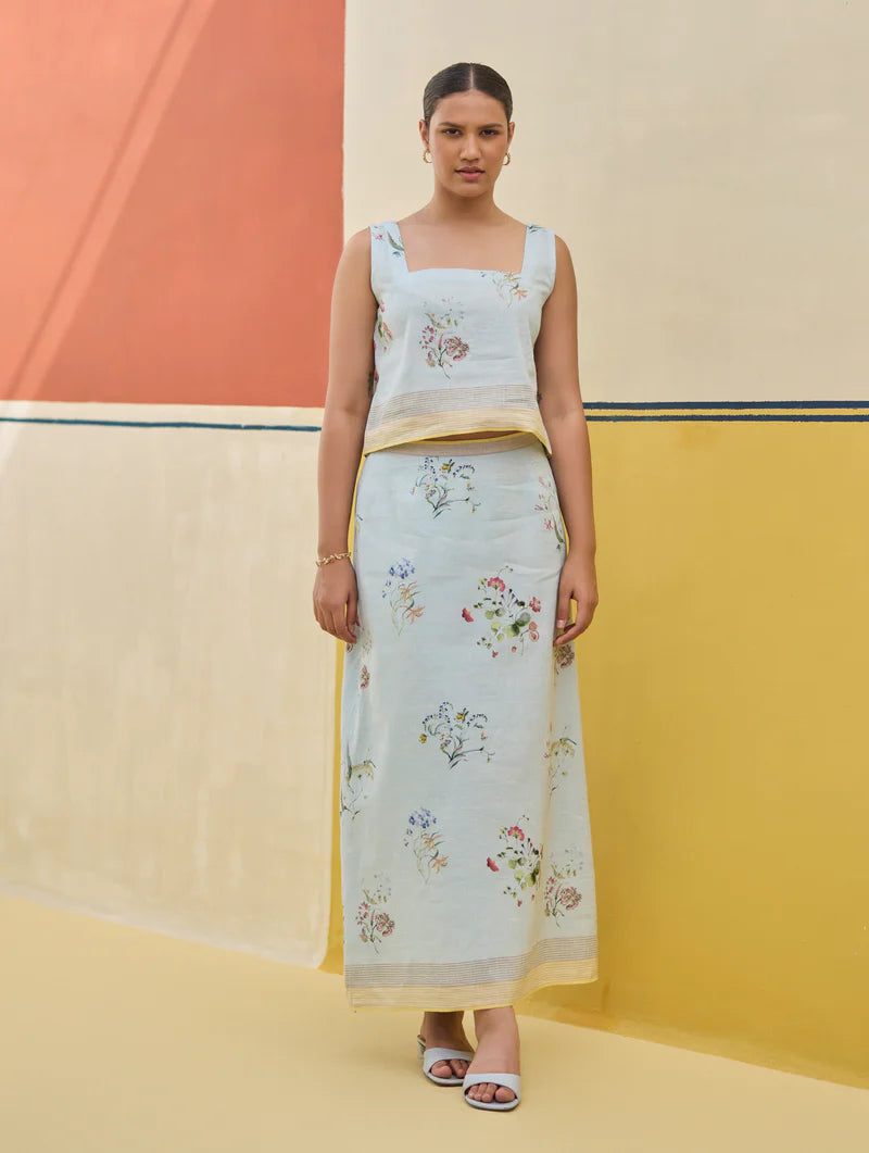 Ayaka Watercolor Floral Crop Top 
- Sky linen by Manan in blue color for women in Singapore