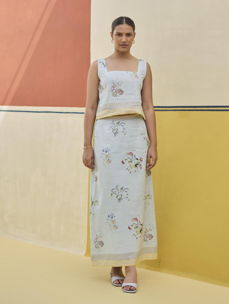 Leena Watercolour Floral Skirt - Sky linen by Manan in blue color for women in Singapore