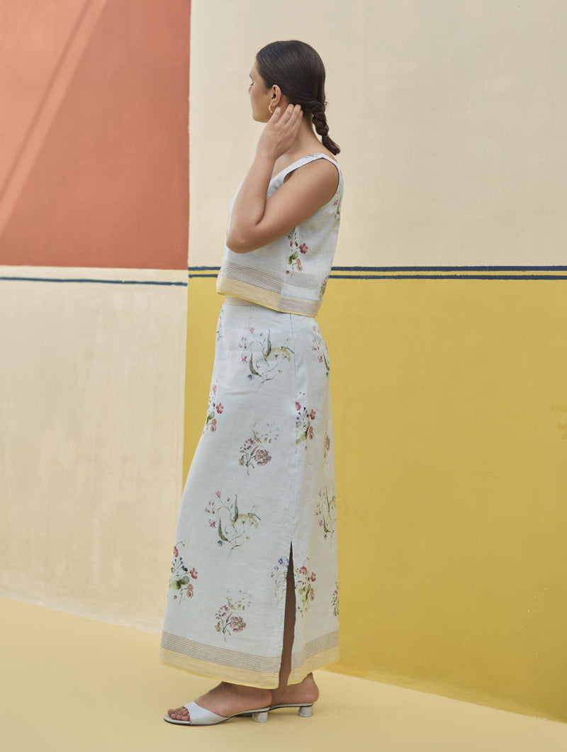 Leena Floral Co-ord Set 
- Sky linen by Manan in blue color for women in Singapore