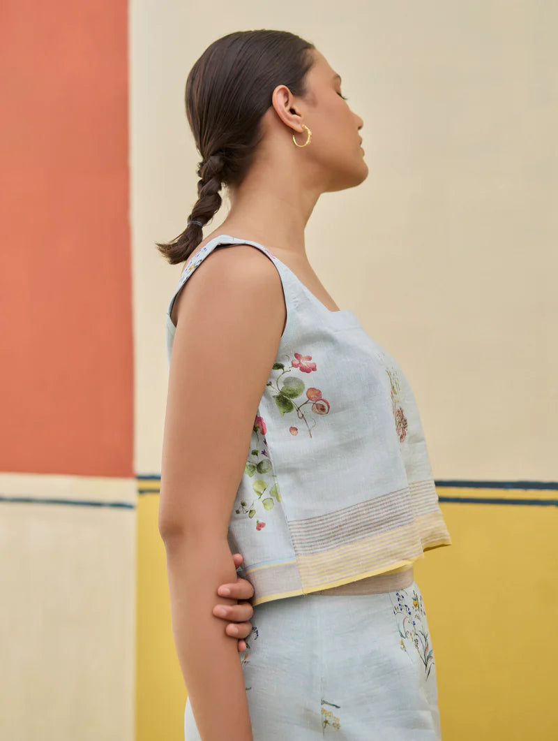 Ayaka Watercolor Floral Crop Top 
- Sky linen by Manan in blue color for women in Singapore
