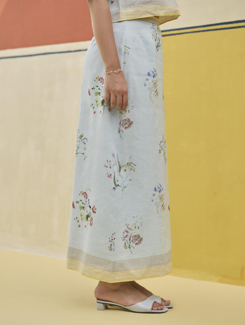 Leena Watercolour Floral Skirt - Sky linen by Manan in blue color for women in Singapore