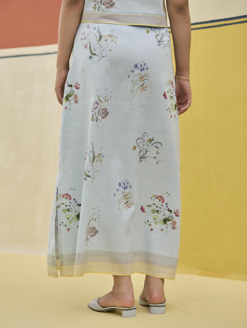 Leena Watercolour Floral Skirt - Sky linen by Manan in blue color for women in Singapore