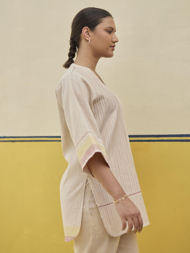 Neri Pintuck Border Linen Top - Sand linen by Manan in brown color for women in Singapore