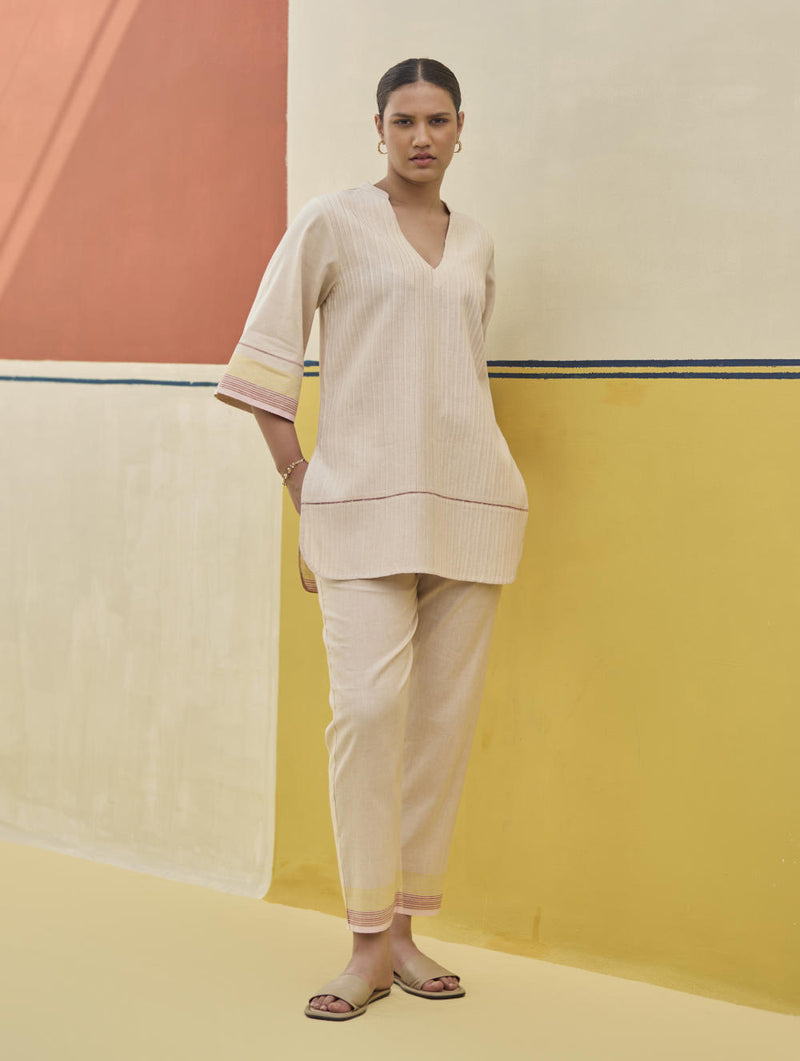 Reya Classic Border Pant - Sand linen by Manan in natural color for women in Singapore