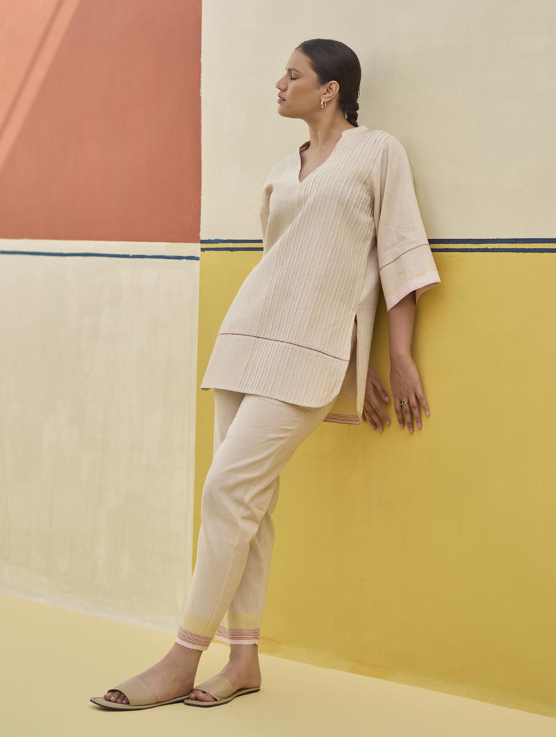 Reya Classic Border Pant - Sand linen by Manan in natural color for women in Singapore