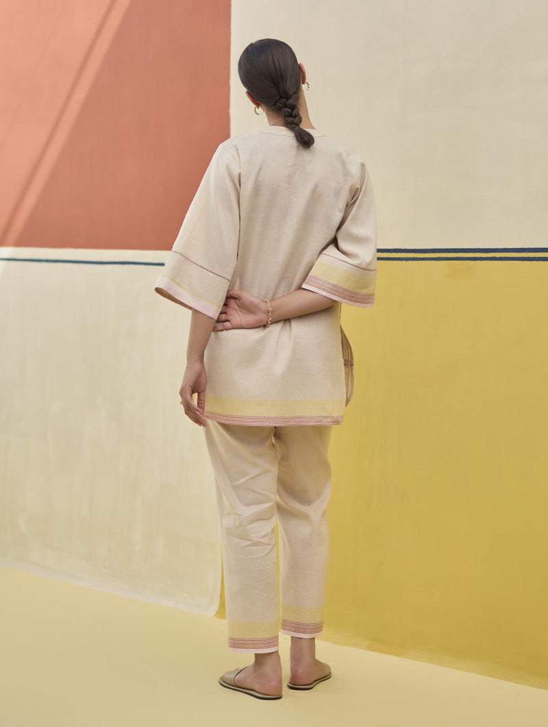 Reya Classic Border Pant - Sand linen by Manan in natural color for women in Singapore