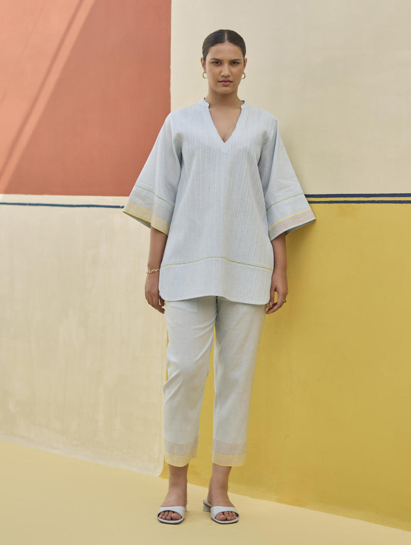 Reya Classic Border Pant - Sky linen by Manan in blue color for women in Singapore