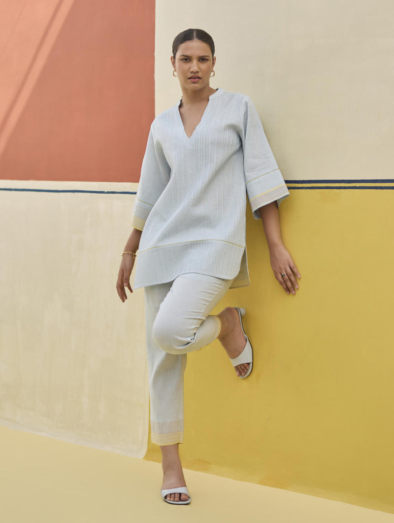 Reya Classic Border Pant - Sky linen by Manan in blue color for women in Singapore