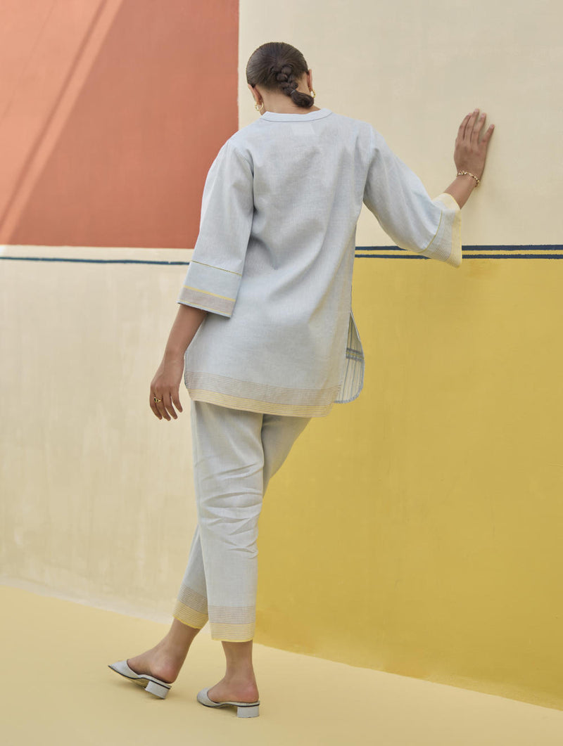 Reya Classic Border Pant - Sky linen by Manan in blue color for women in Singapore