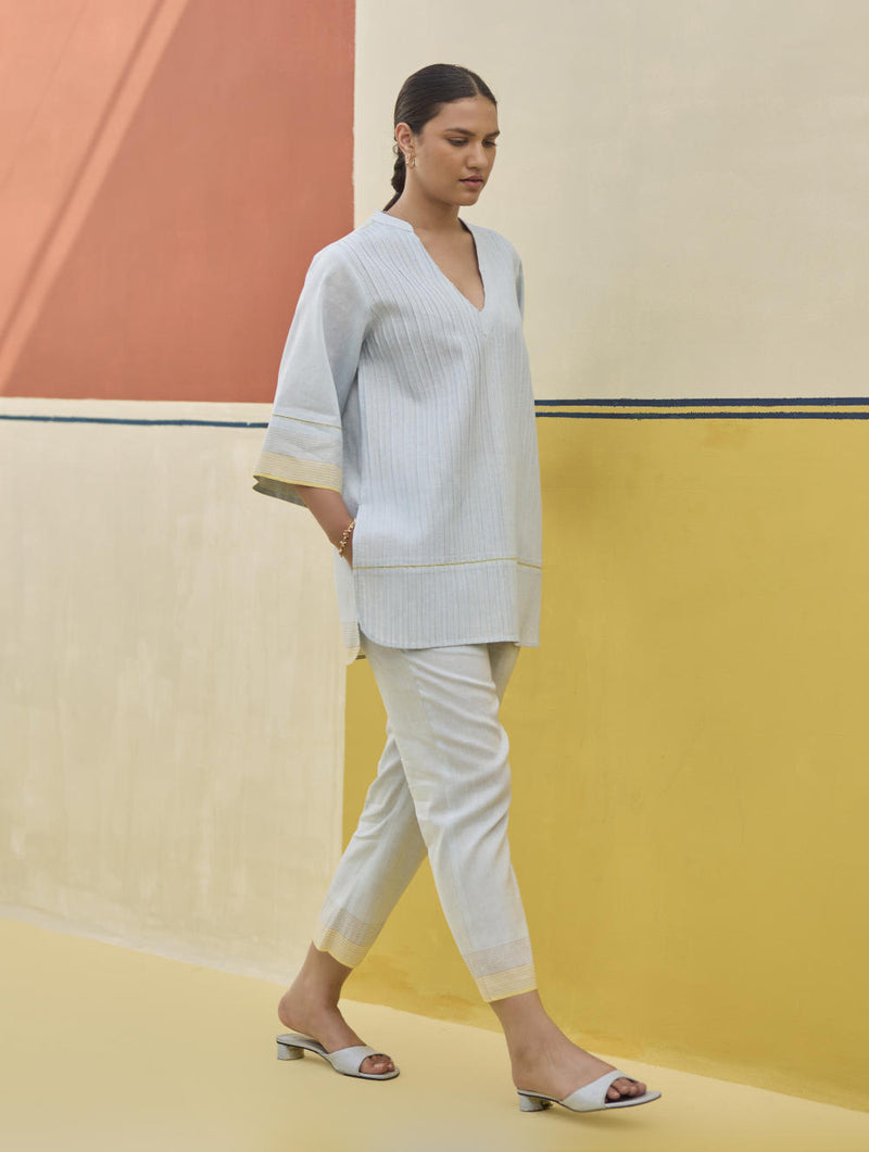 Reya Classic Border Pant - Sky linen by Manan in blue color for women in Singapore