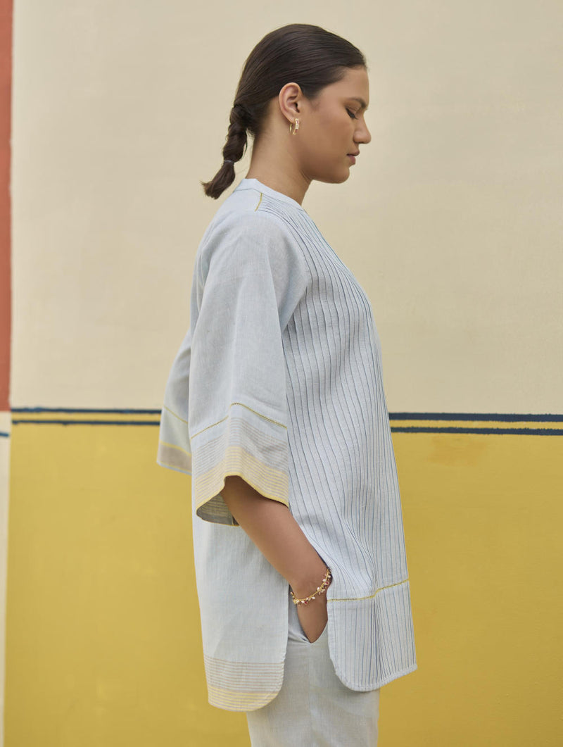 Neri Pintuck Border Linen Top - Sky linen by Manan in blue color for women in Singapore