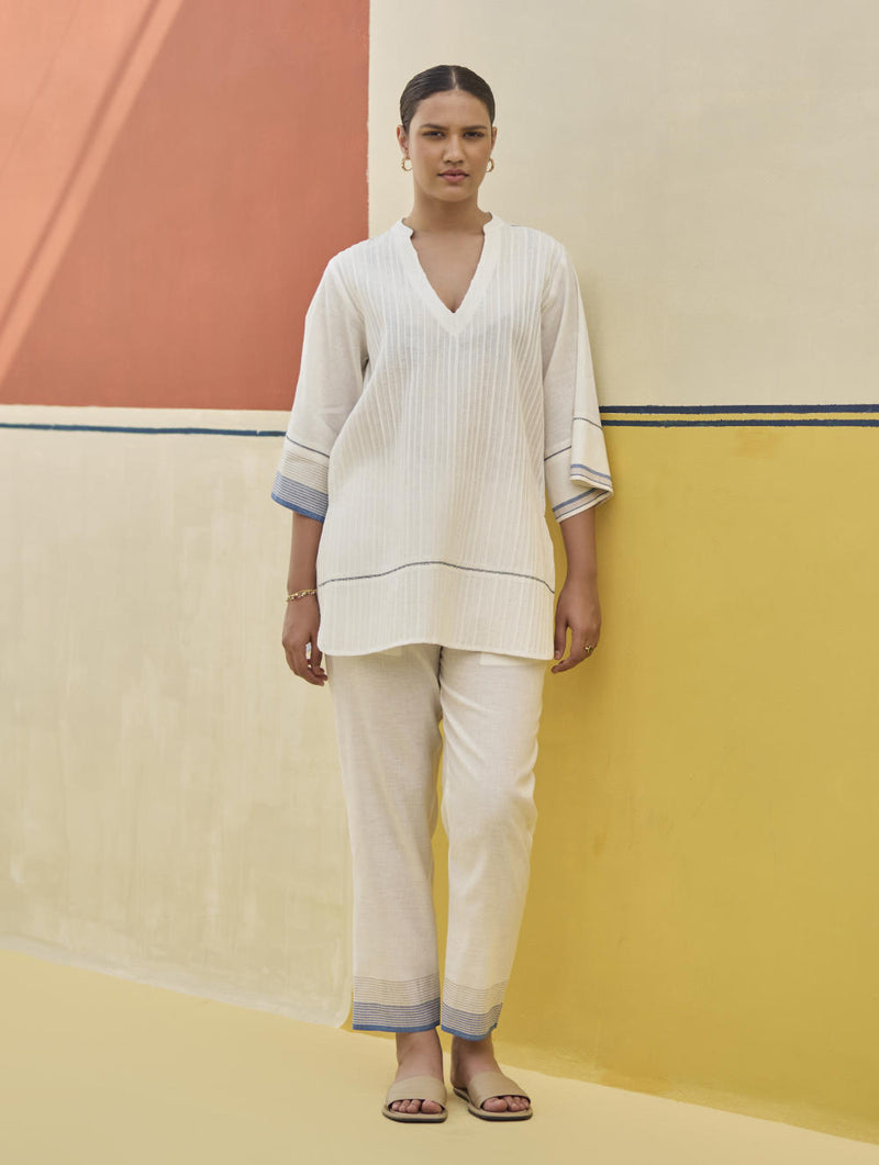 Neri Pintuck Border Linen Top - Ivory linen by Manan in ivory color for women in Singapore