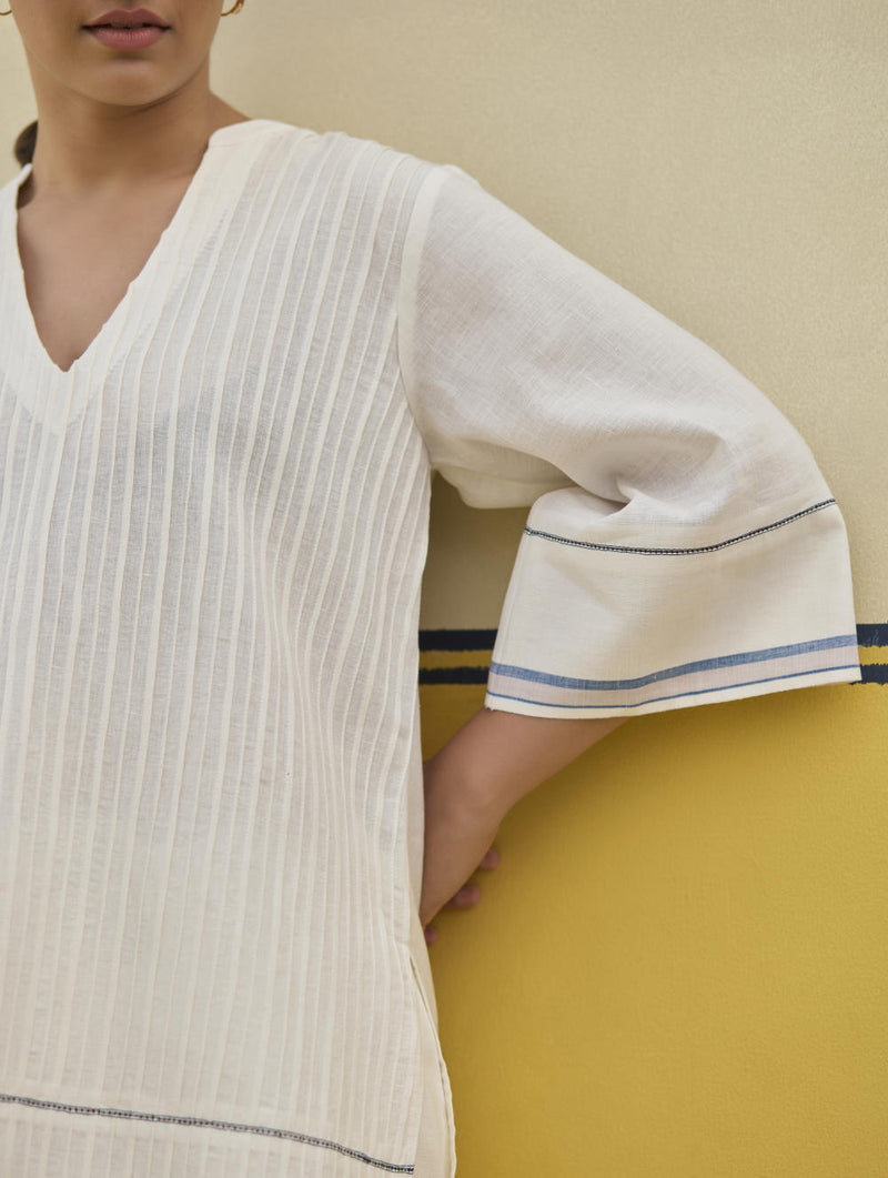 Neri Pintuck Border Linen Top - Ivory linen by Manan in ivory color for women in Singapore