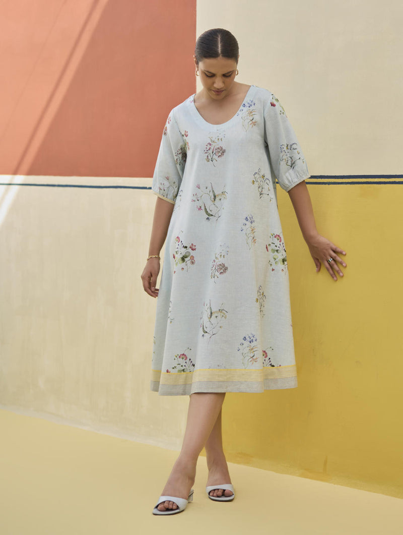 Kaya Floral Linen Dress With Overlay
- Sky linen by Manan in blue color for women in Singapore