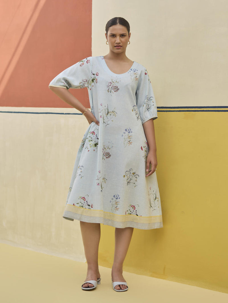 Kaya Watercolour Floral Linen Dress
- Sky linen by Manan in blue color for women in Singapore