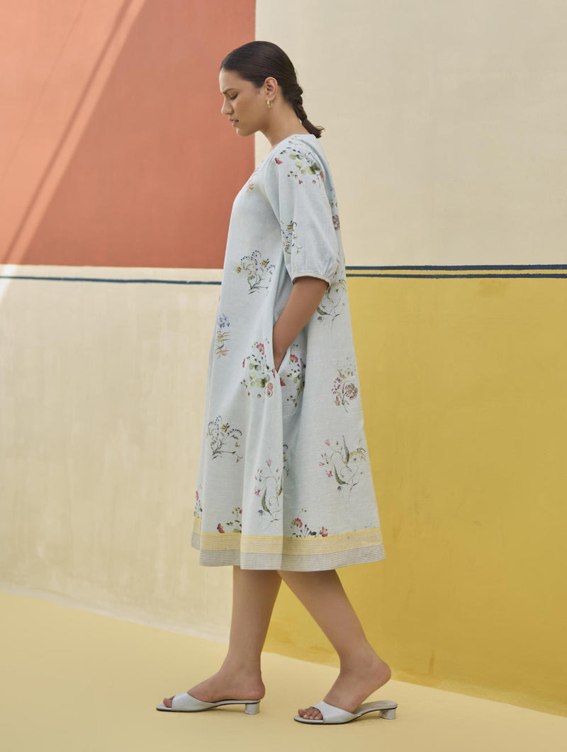 Kaya Watercolour Floral Linen Dress
- Sky linen by Manan in blue color for women in Singapore