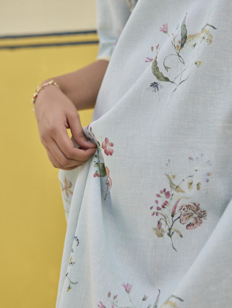 Kaya Watercolour Floral Linen Dress
- Sky linen by Manan in blue color for women in Singapore