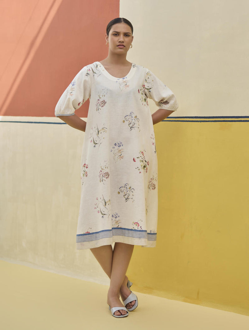 Kaya Watercolour Floral Linen Dress
- Ivory linen by Manan in ivory color for women in Singapore