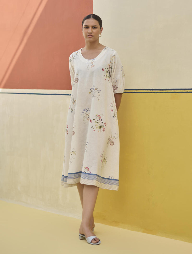 Kaya Watercolour Floral Linen Dress
- Ivory linen by Manan in ivory color for women in Singapore