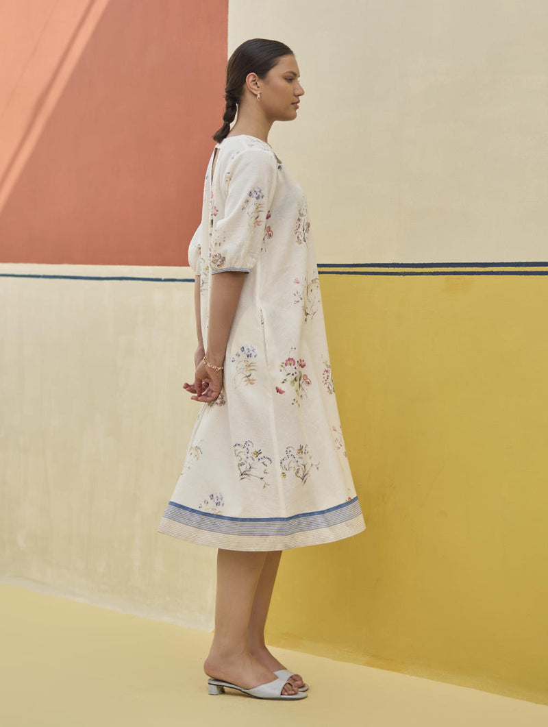 Kaya Watercolour Floral Linen Dress
- Ivory linen by Manan in ivory color for women in Singapore
