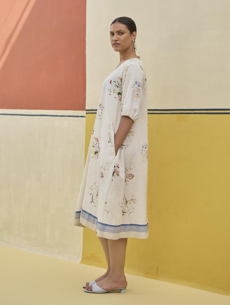 Kaya Watercolour Floral Linen Dress
- Ivory linen by Manan in ivory color for women in Singapore