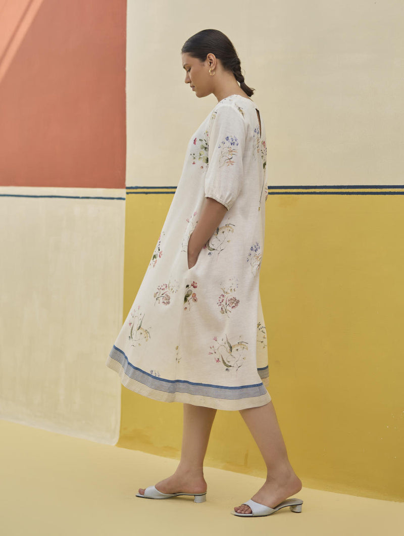 Kaya Watercolour Floral Linen Dress
- Ivory linen by Manan in ivory color for women in Singapore
