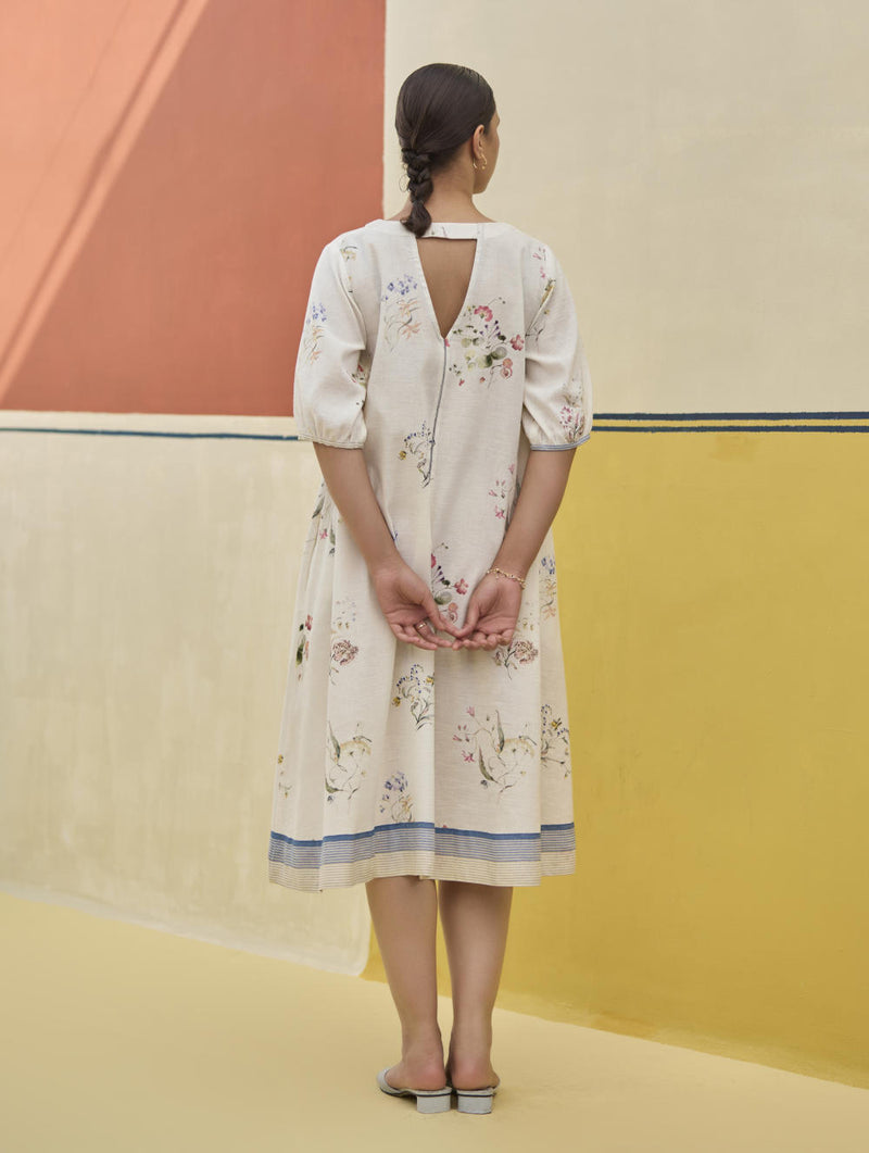 Kaya Watercolour Floral Linen Dress
- Ivory linen by Manan in ivory color for women in Singapore