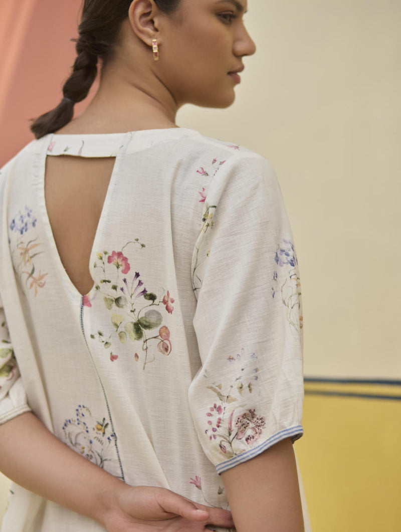 Kaya Watercolour Floral Linen Dress
- Ivory linen by Manan in ivory color for women in Singapore