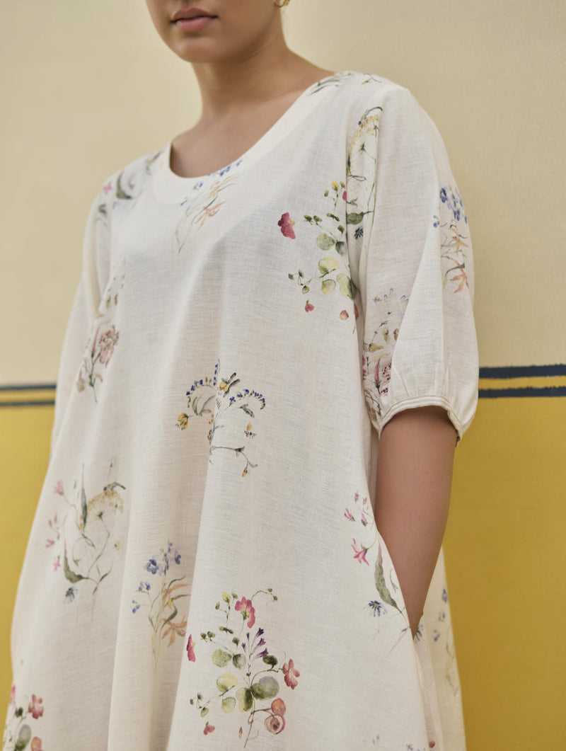 Kaya Watercolour Floral Linen Dress
- Ivory linen by Manan in ivory color for women in Singapore