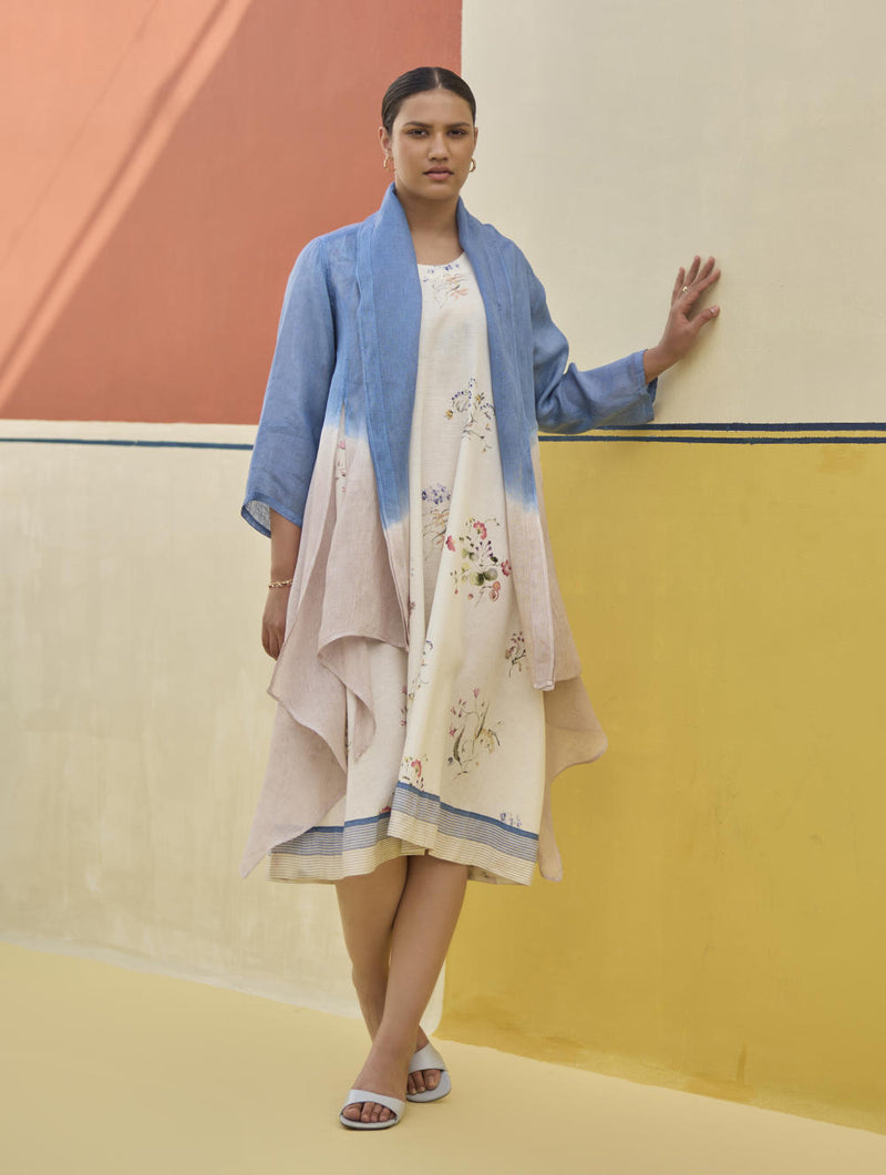 Kaya Floral Linen Dress With Overlay
- Ivory linen by Manan in ivory color for women in Singapore