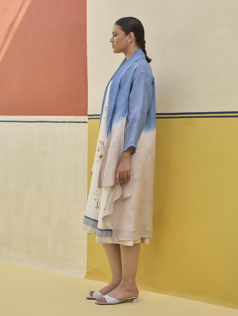 Kaya Floral Linen Dress With Overlay
- Ivory linen by Manan in ivory color for women in Singapore