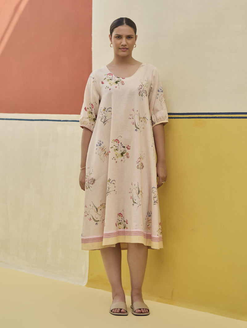 Kaya Floral Linen Dress With Overlay
- Sand linen by Manan in natural color for women in Singapore