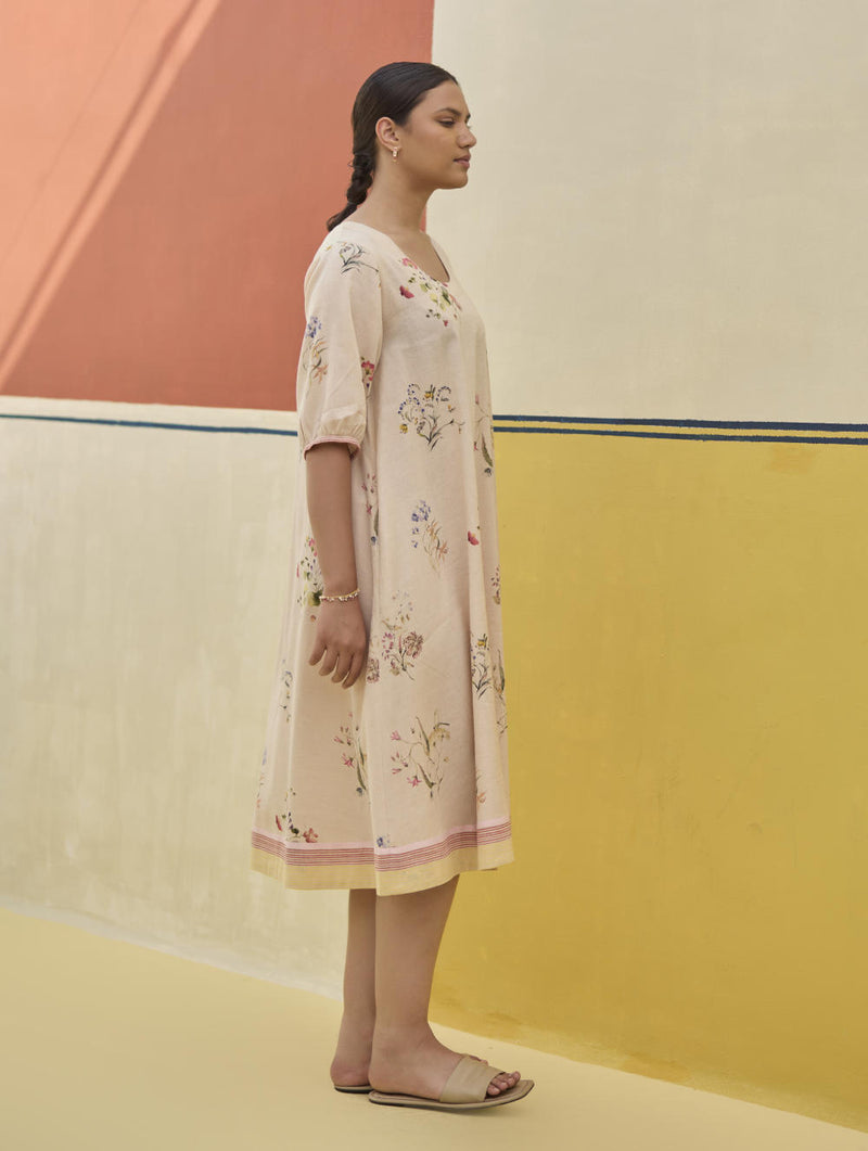 Kaya Watercolour Floral Linen Dress
- Sand linen by Manan in natural color for women in Singapore