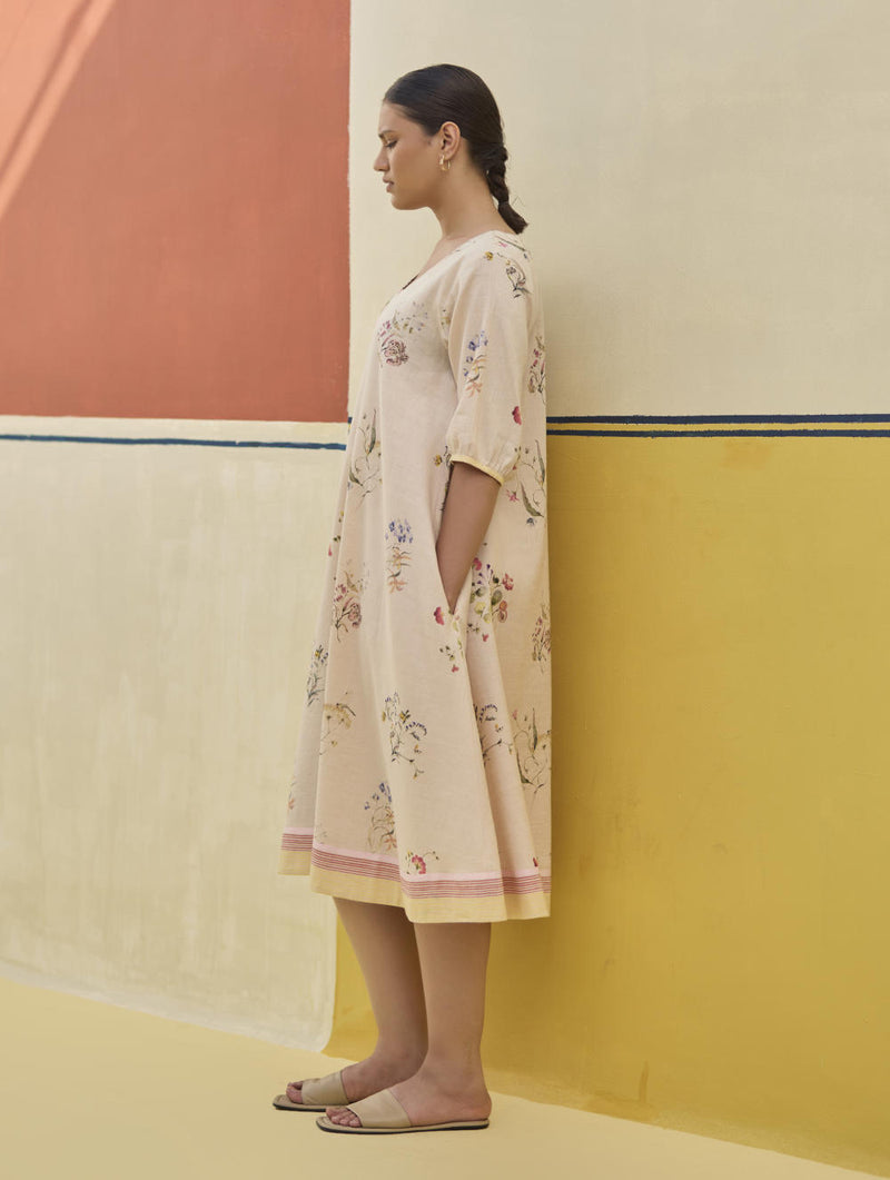 Kaya Watercolour Floral Linen Dress
- Sand linen by Manan in natural color for women in Singapore