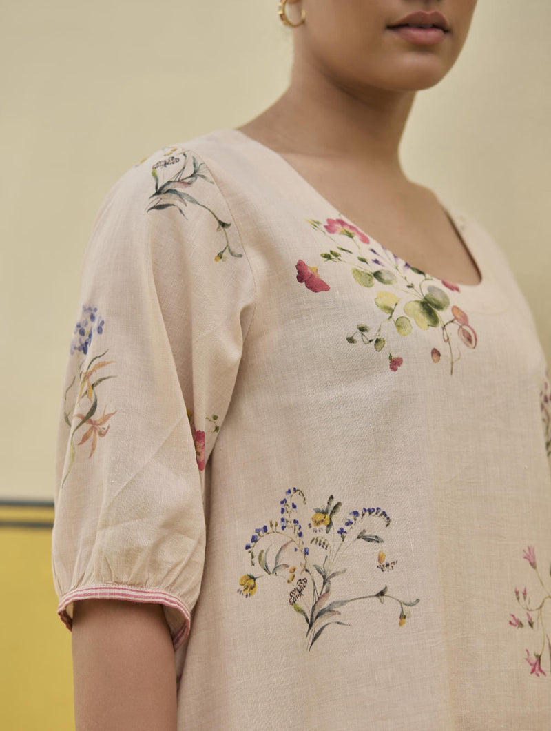 Kaya Watercolour Floral Linen Dress
- Sand linen by Manan in natural color for women in Singapore