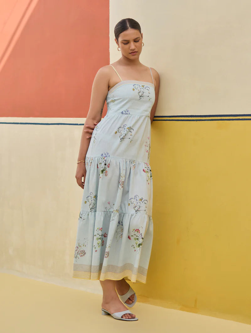 Hena Watercolour Floral Tiered Dress - Sky linen by Manan in blue color for women in Singapore