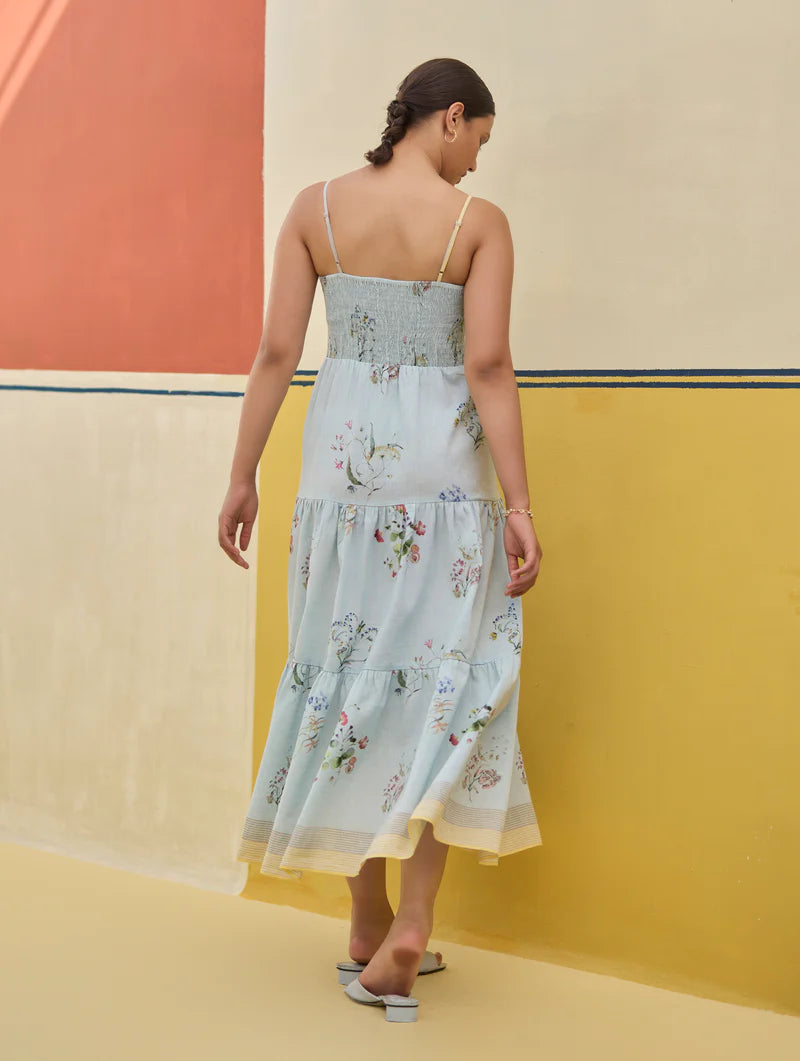 Hena Watercolour Floral Tiered Dress - Sky linen by Manan in blue color for women in Singapore