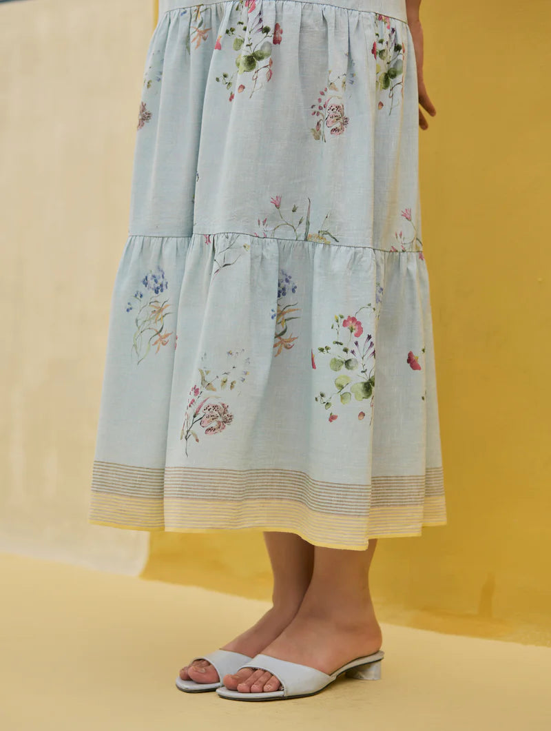 Hena Watercolour Floral Tiered Dress - Sky linen by Manan in blue color for women in Singapore