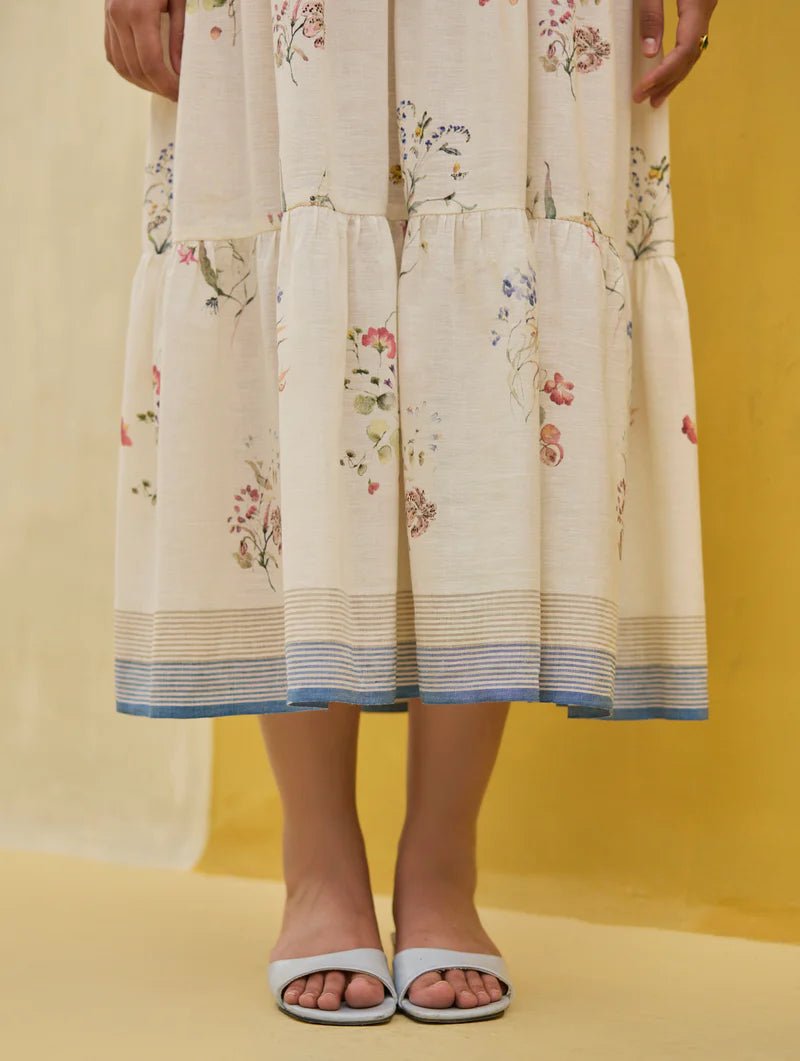 Hena Watercolour Floral Tiered Dress - Ivory linen by Manan in ivory color for women in Singapore