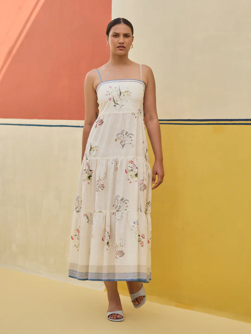 Hena Watercolour Floral Tiered Dress - Ivory linen by Manan in ivory color for women in Singapore