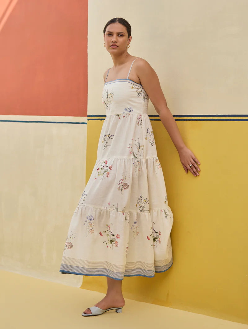 Hena Watercolour Floral Tiered Dress - Ivory linen by Manan in ivory color for women in Singapore