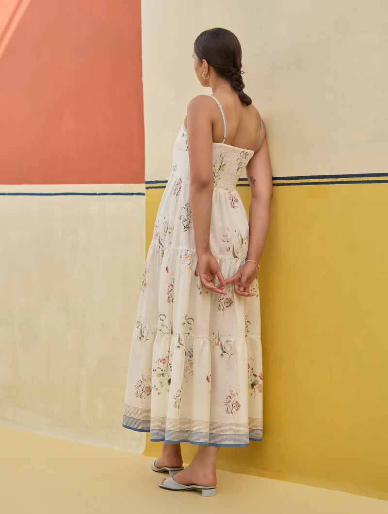 Hena Watercolour Floral Tiered Dress - Ivory linen by Manan in ivory color for women in Singapore