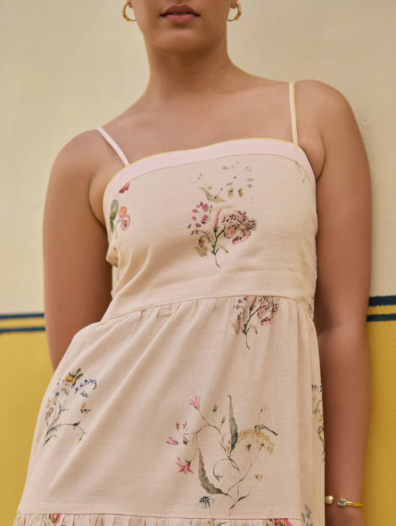 Hena Watercolour Floral Tiered Dress - Sand linen by Manan in natural color for women in Singapore