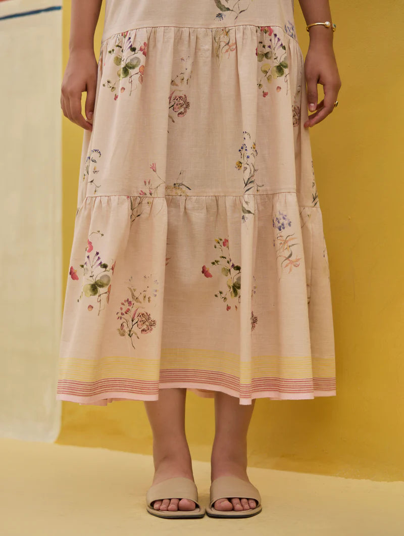Hena Watercolour Floral Tiered Dress - Sand linen by Manan in natural color for women in Singapore