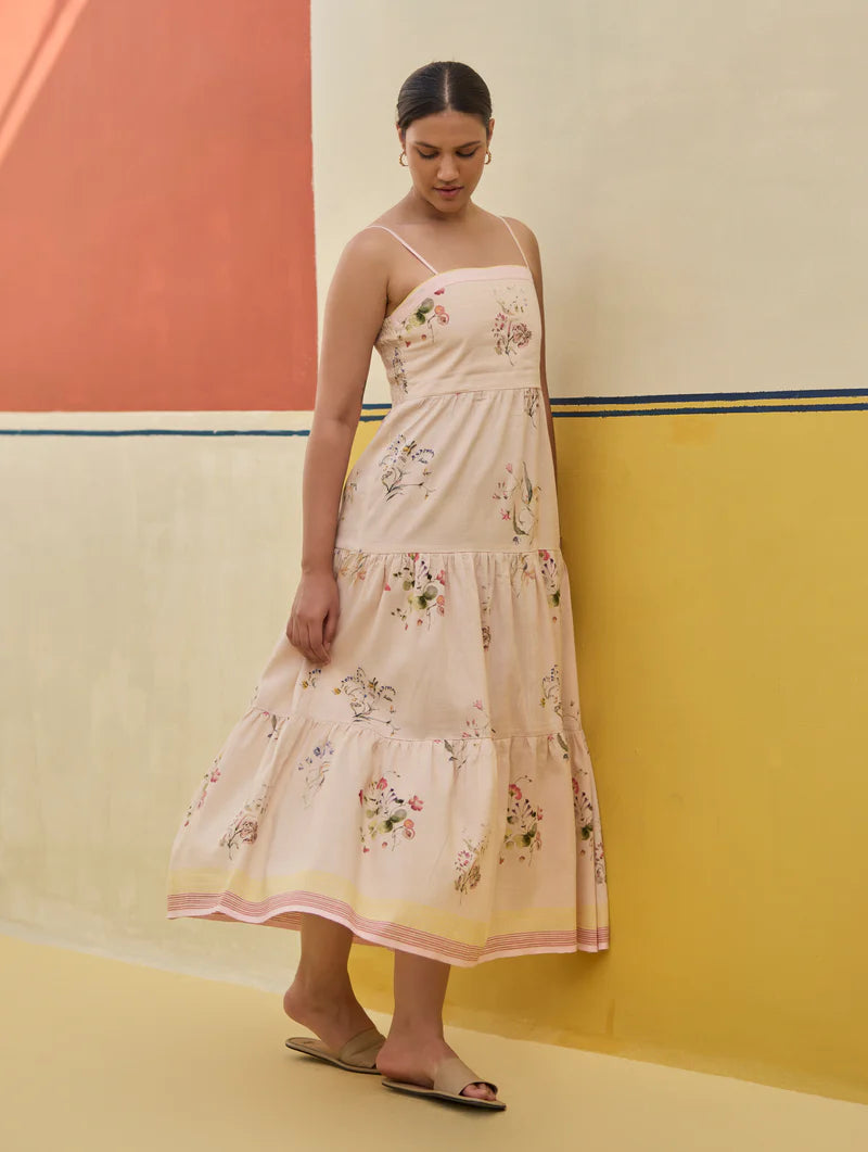 Hena Watercolour Floral Tiered Dress - Sand linen by Manan in natural color for women in Singapore