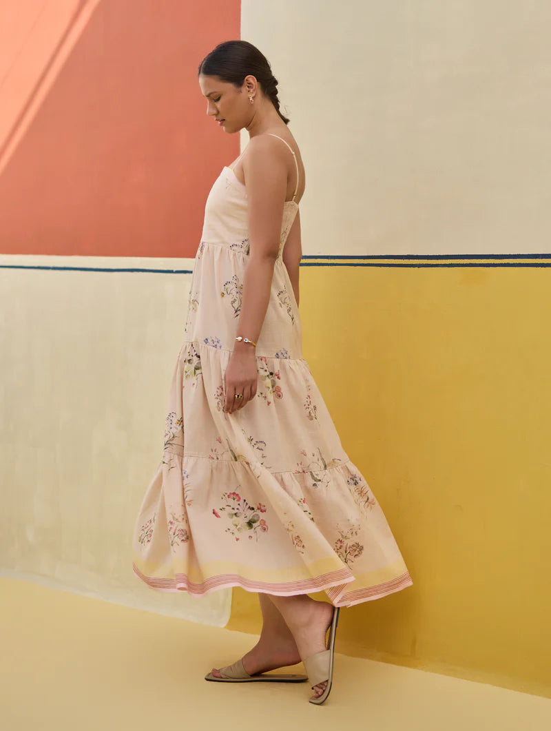 Hena Watercolour Floral Tiered Dress - Sand linen by Manan in natural color for women in Singapore