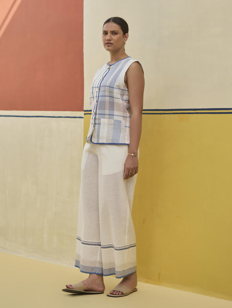 Dana Check Linen Waistcoat - Ivory linen by Manan in ivory color for women in Singapore