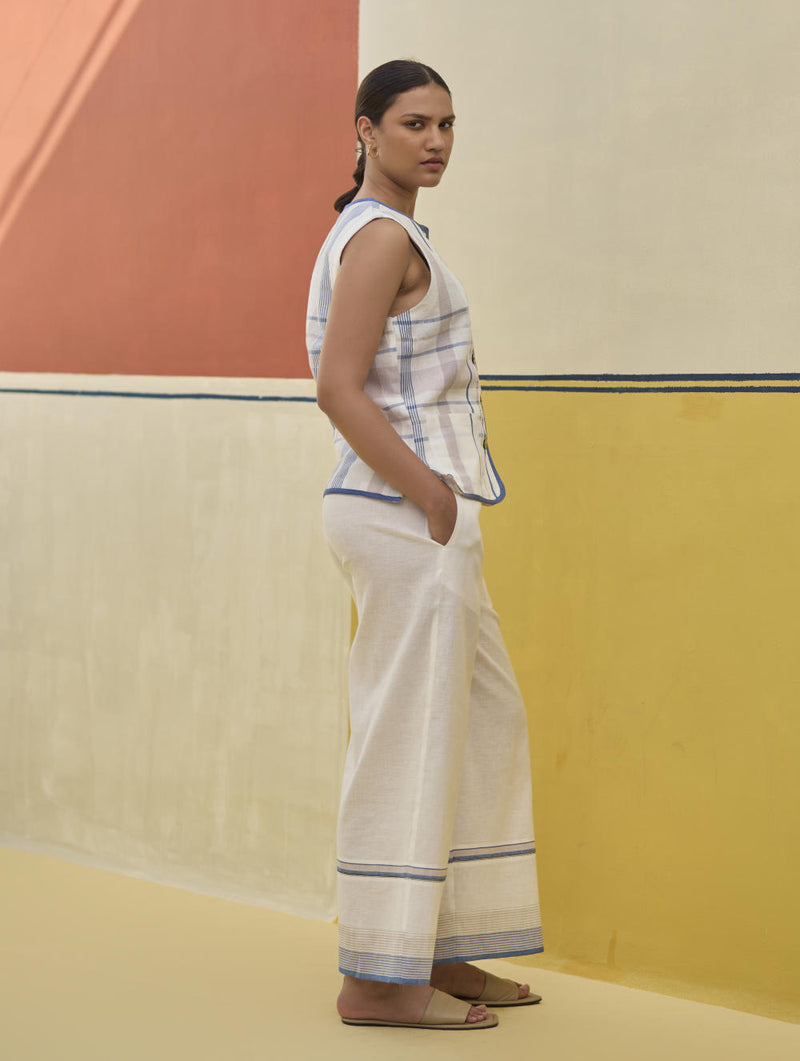 Dana Check Linen Waistcoat - Ivory linen by Manan in ivory color for women in Singapore